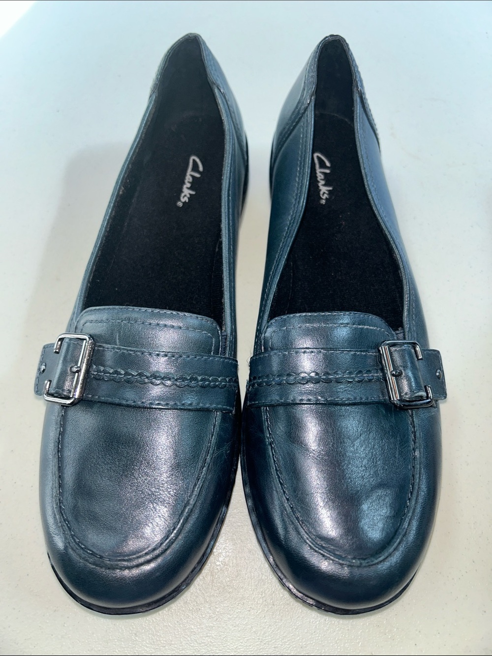 Clarks Navy Leather Buckle Loafers